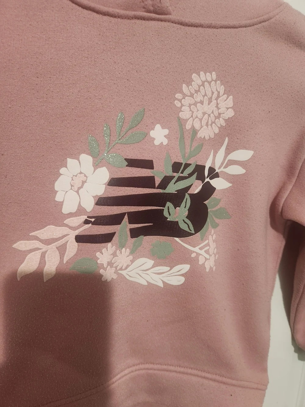 New Balance Girls Pink Fleece Pullover Hoodie Floral Logo Long Sleeve Size M